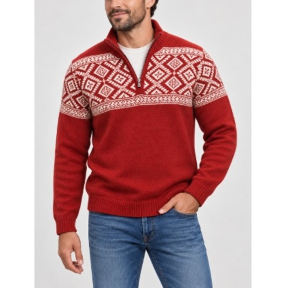 Izod Mens Red White Quarter Zip-Up Textured Knit Fair Isle Sweater Size M